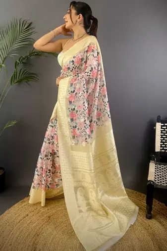 Multicolor floral zari silk blend banarasi saree