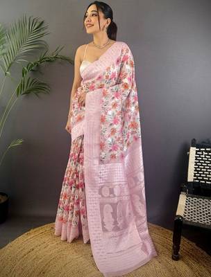 Pink floral zari silk blend banarasi saree 1