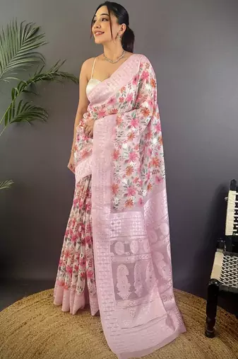 Pink floral zari silk blend banarasi saree