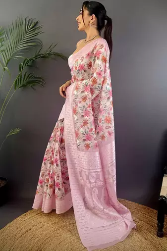 Pink floral zari silk blend banarasi saree