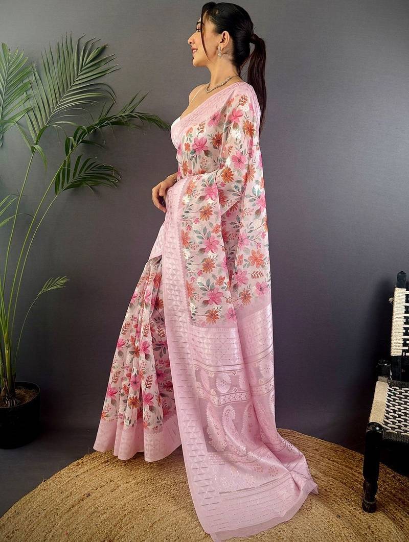 Pink floral zari silk blend banarasi saree