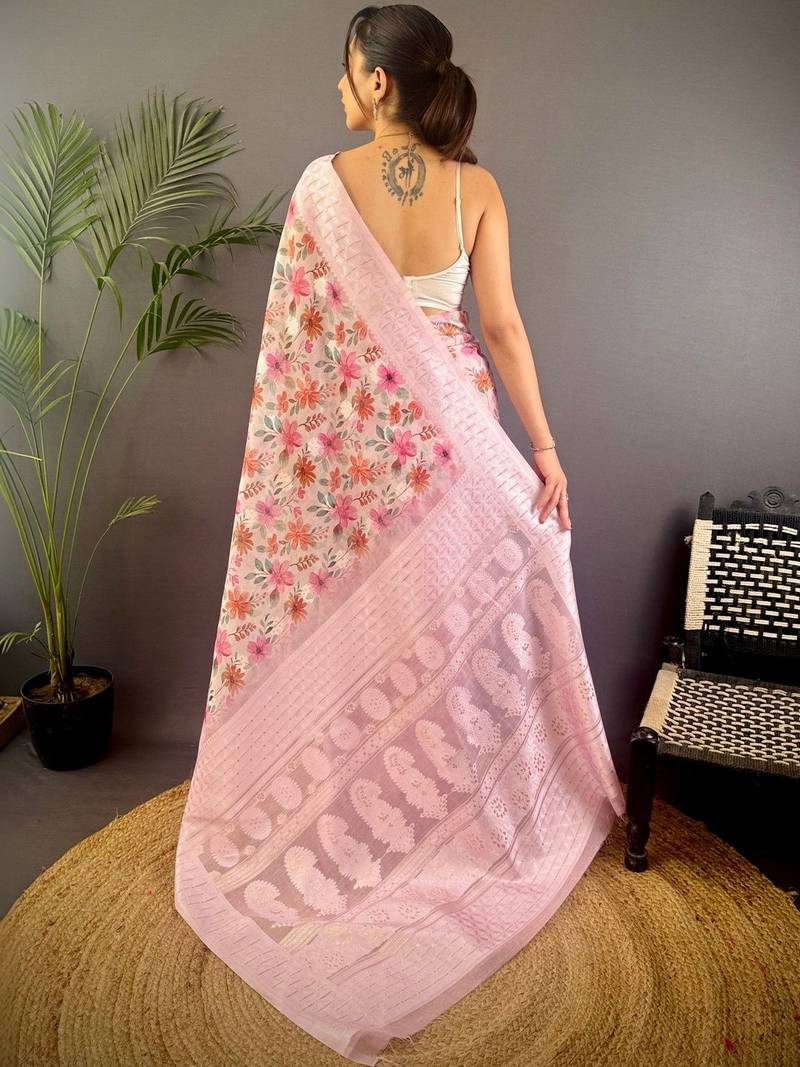 Pink floral zari silk blend banarasi saree