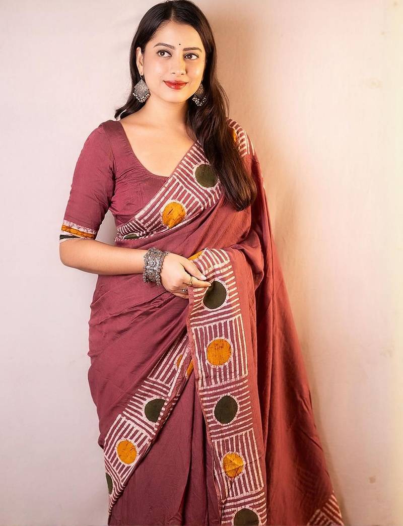 Pink geometric printed chanderi saree