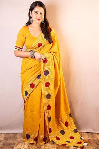 Yellow chanderi saree with blouse piece
