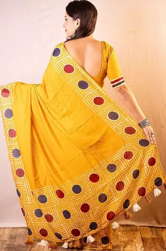 Yellow chanderi saree with blouse piece