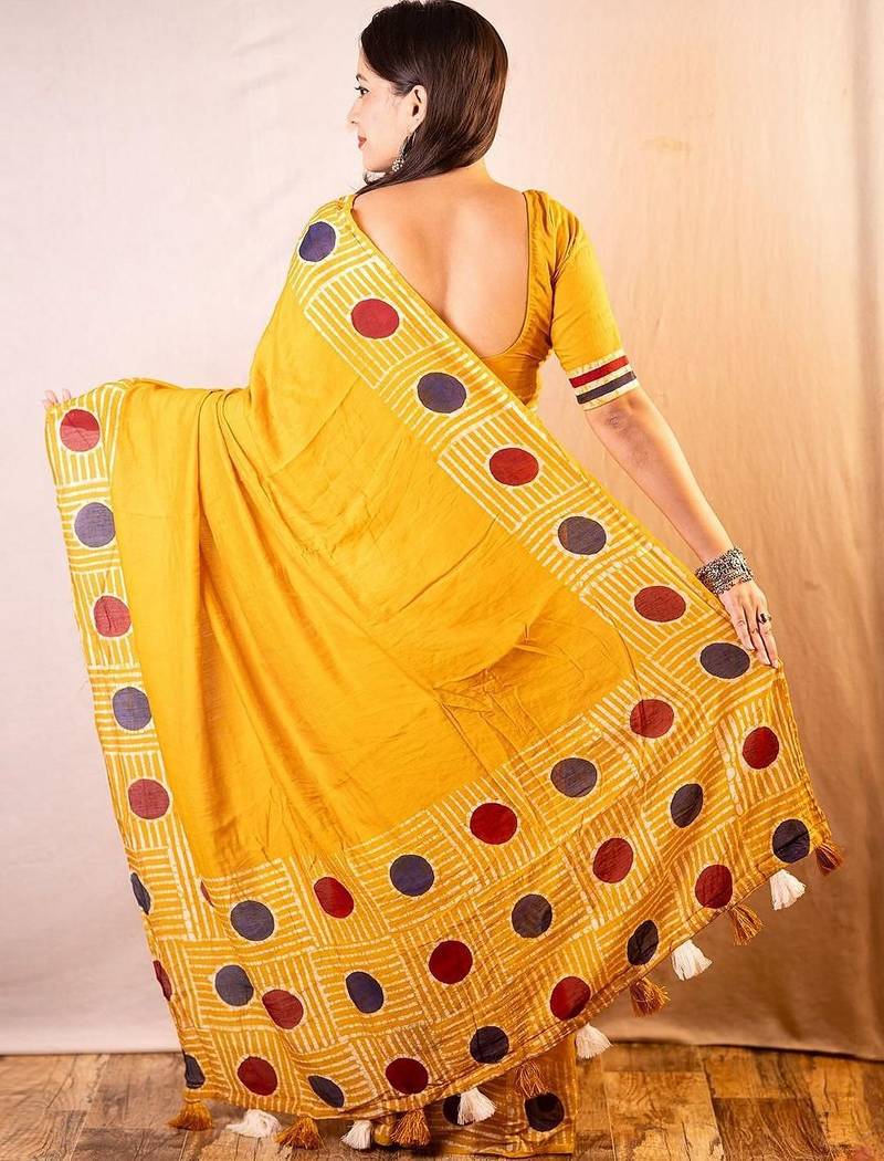 Yellow chanderi saree with blouse piece