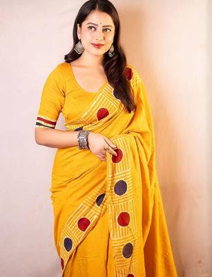 Yellow chanderi saree with blouse piece 3