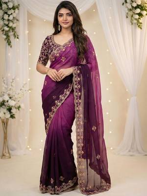 Purple embellished embroidered poly georgette heavy work saree 1