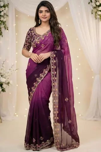 Purple embellished embroidered poly georgette heavy work saree