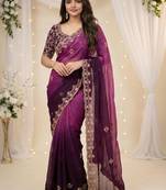 Purple embellished embroidered poly georgette heavy work saree