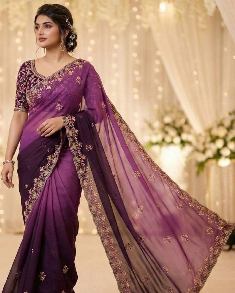 Purple embellished embroidered poly georgette heavy work saree