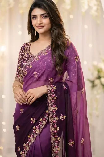 Purple embellished embroidered poly georgette heavy work saree