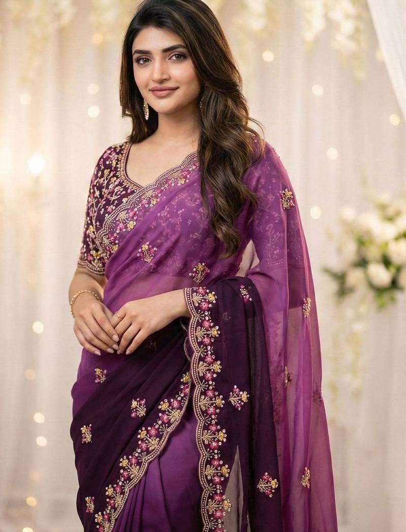 Purple embellished embroidered poly georgette heavy work saree