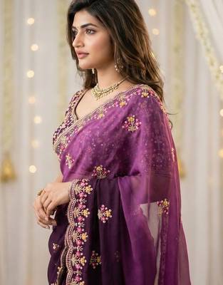 Purple embellished embroidered poly georgette heavy work saree 4