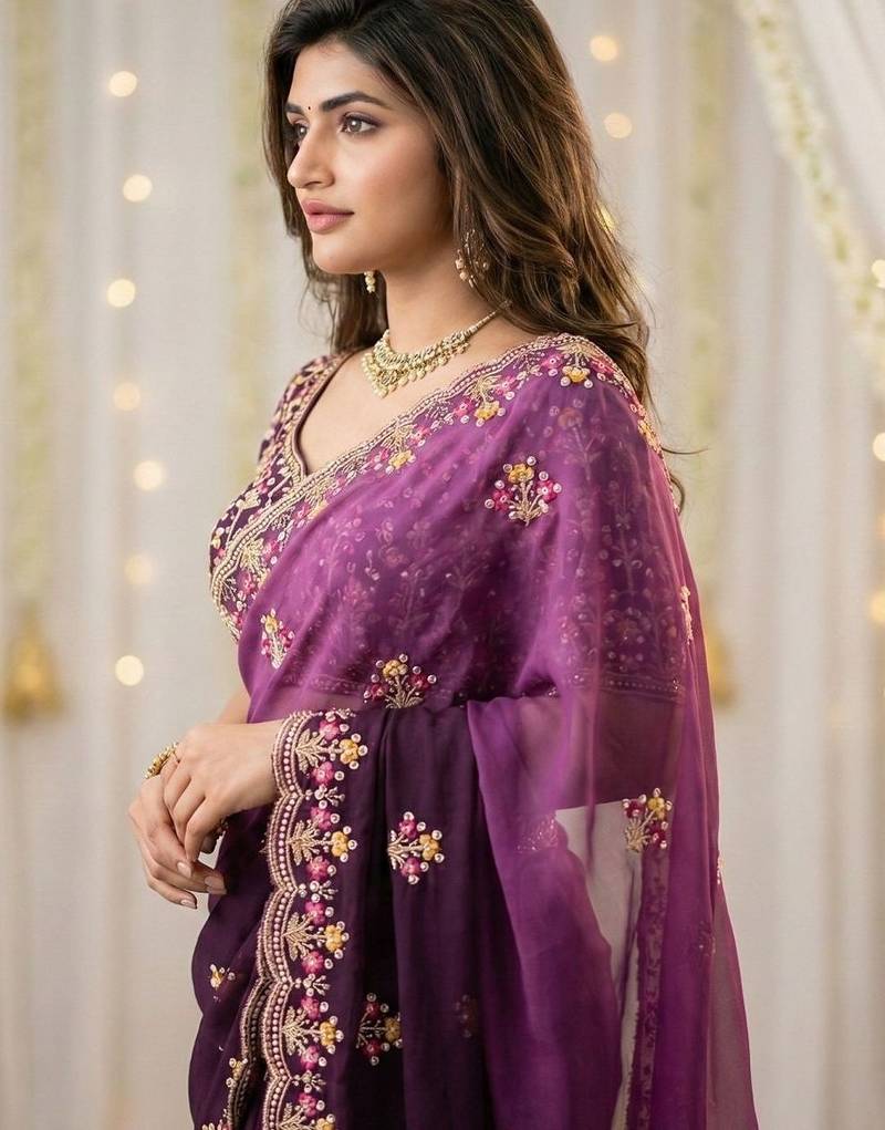 Purple embellished embroidered poly georgette heavy work saree
