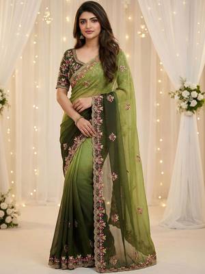 Green floral embroidered poly georgette heavy work saree 1
