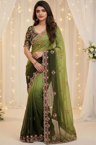 Green floral embroidered poly georgette heavy work saree