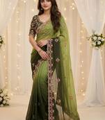 Green floral embroidered poly georgette heavy work saree