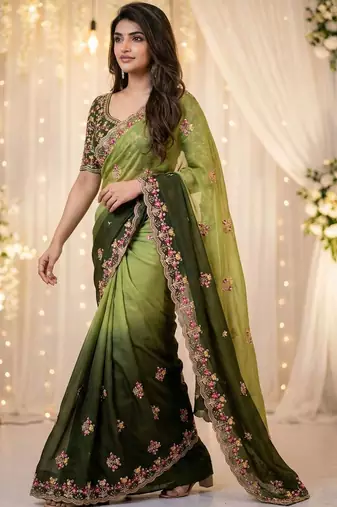 Green floral embroidered poly georgette heavy work saree