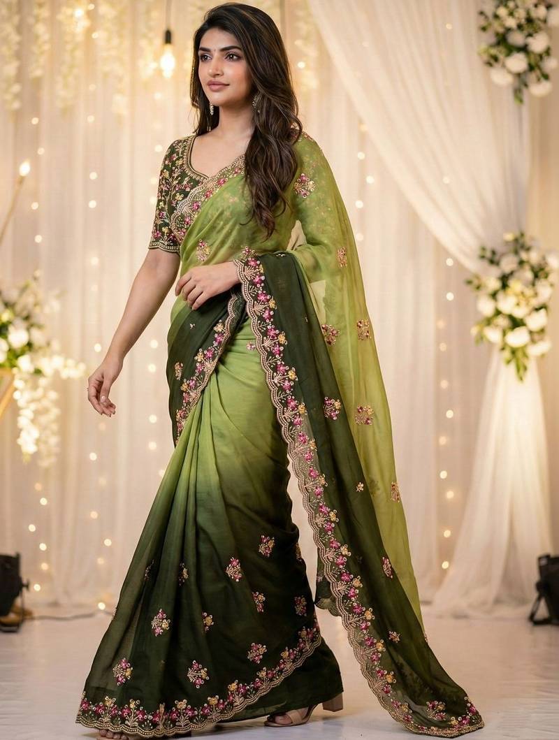 Green floral embroidered poly georgette heavy work saree