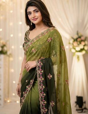 Green floral embroidered poly georgette heavy work saree 3