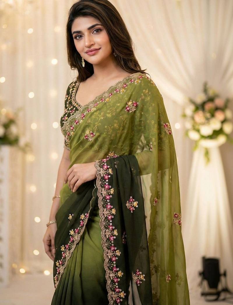 Green floral embroidered poly georgette heavy work saree