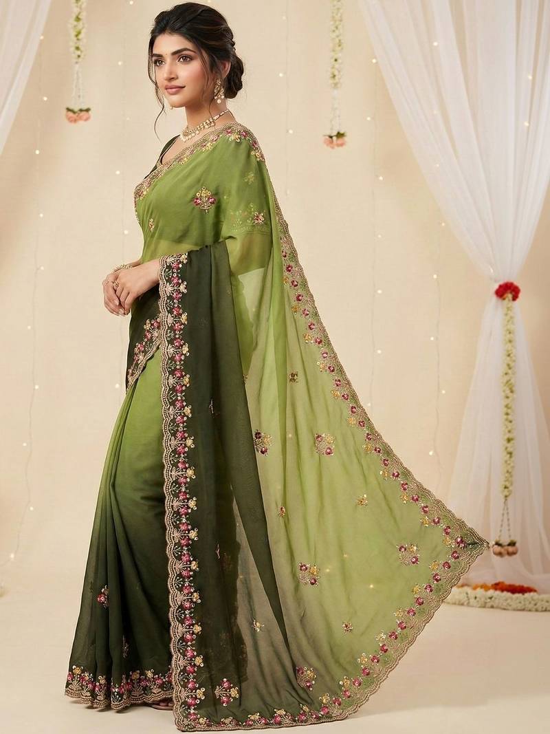 Green floral embroidered poly georgette heavy work saree