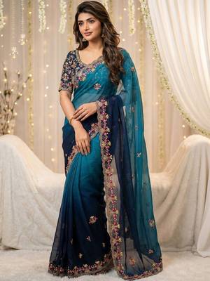 Blue floral embroidered poly georgette designer saree 1