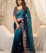 Blue floral embroidered poly georgette designer saree