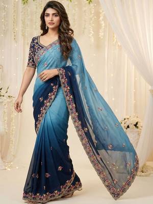 Blue floral embroidered poly georgette designer saree 2