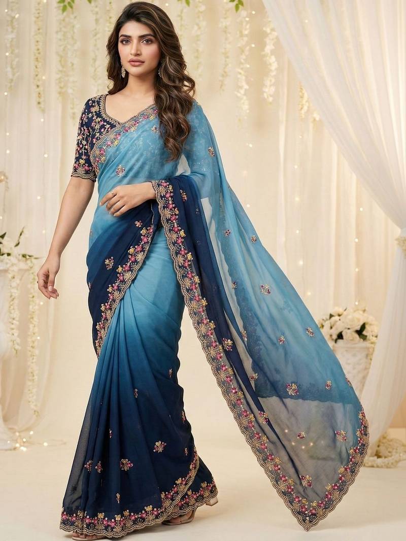 Blue floral embroidered poly georgette designer saree