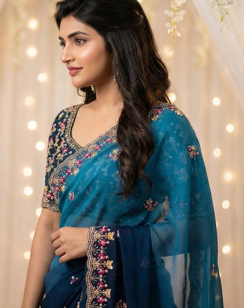 Blue floral embroidered poly georgette designer saree