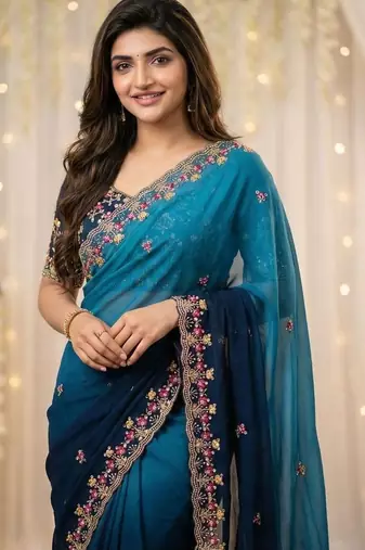 Blue floral embroidered poly georgette designer saree