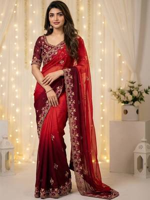 Red embellished embroidered poly georgette heavy work saree 1