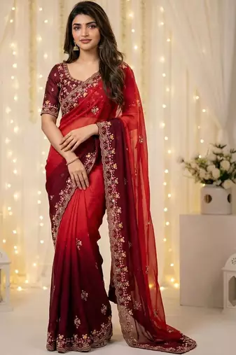 Red embellished embroidered poly georgette heavy work saree