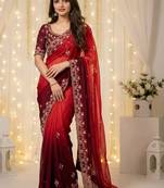 Red embellished embroidered poly georgette heavy work saree