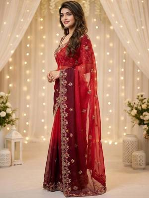 Red embellished embroidered poly georgette heavy work saree 2