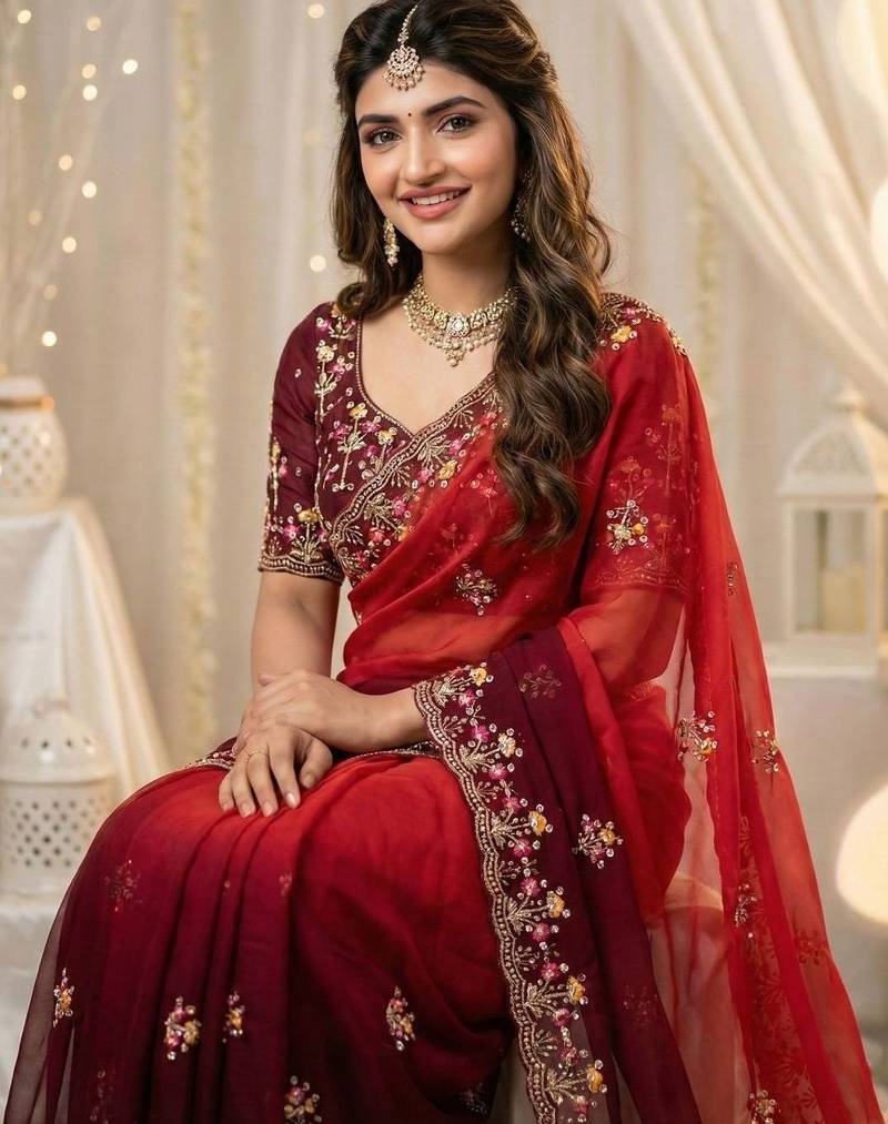 Red embellished embroidered poly georgette heavy work saree