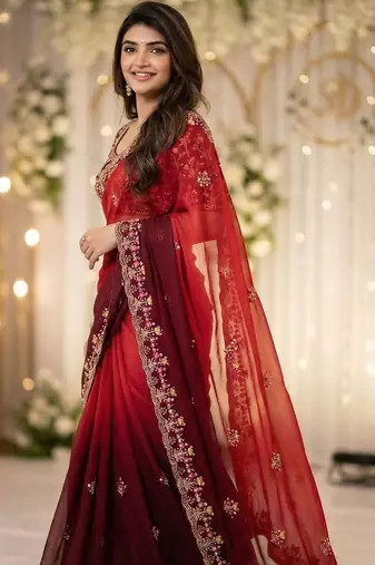 Red embellished embroidered poly georgette heavy work saree