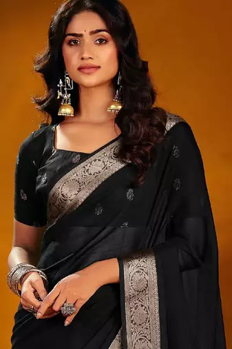 Black woven design zari poly georgette designer saree