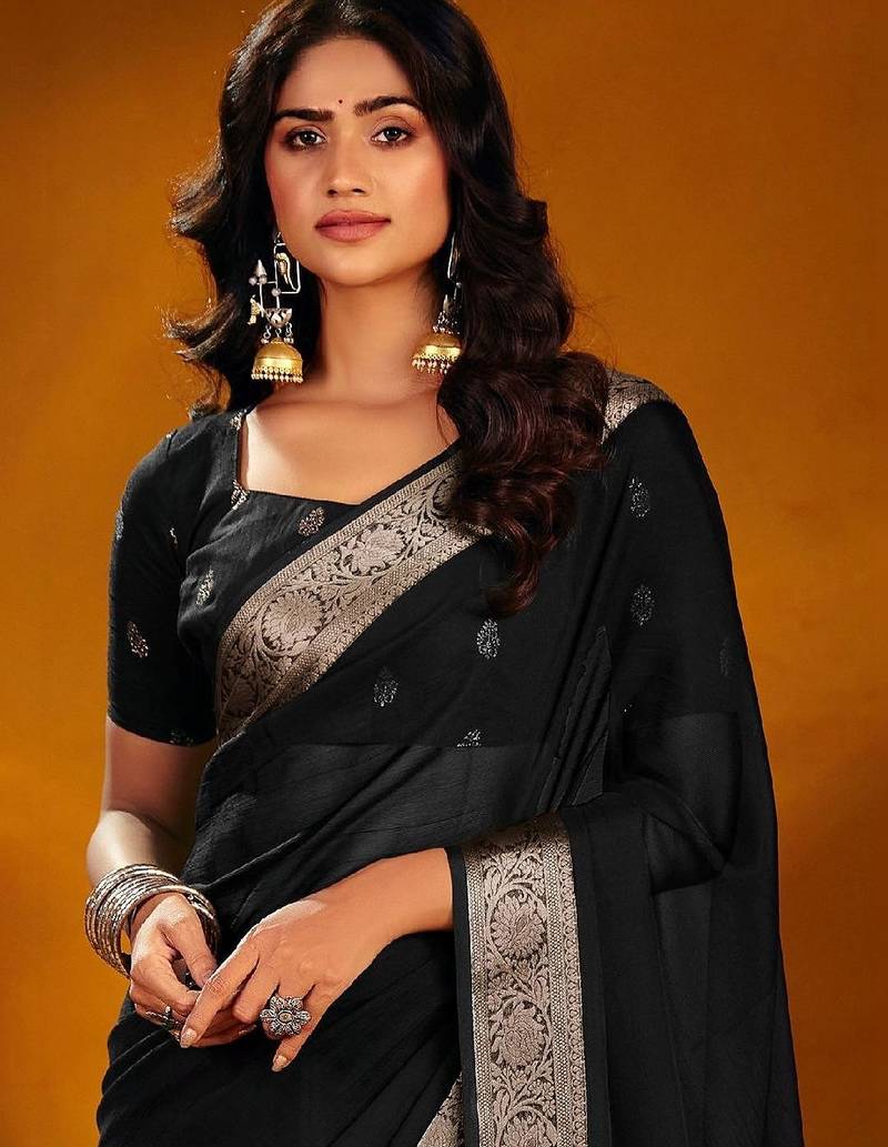 Black woven design zari poly georgette designer saree