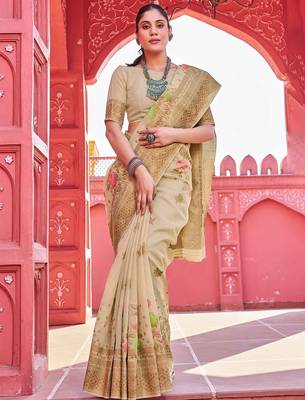 Beige floral woven design zari saree 1