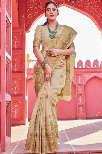 Beige floral woven design zari saree