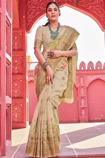 Beige floral woven design zari saree