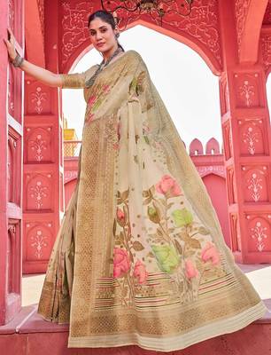 Beige floral woven design zari saree 2