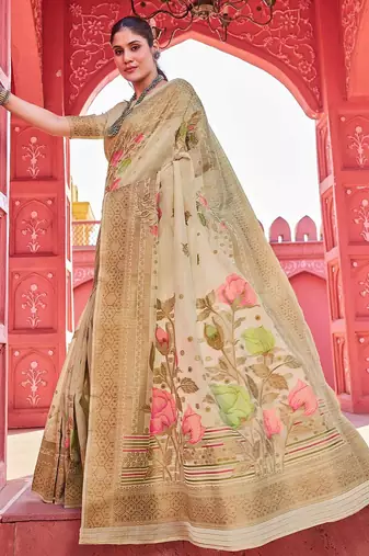 Beige floral woven design zari saree