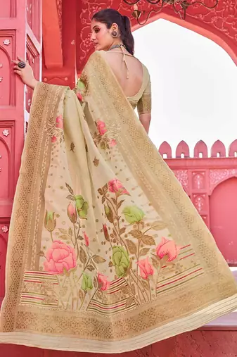 Beige floral woven design zari saree