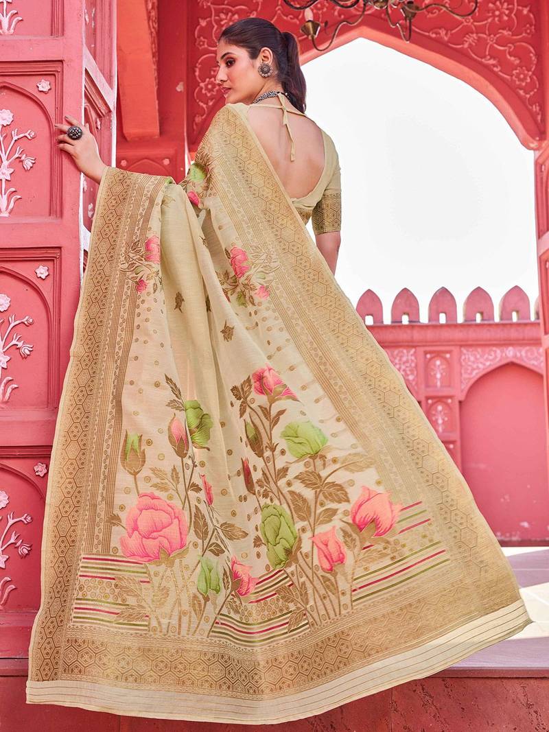 Beige floral woven design zari saree