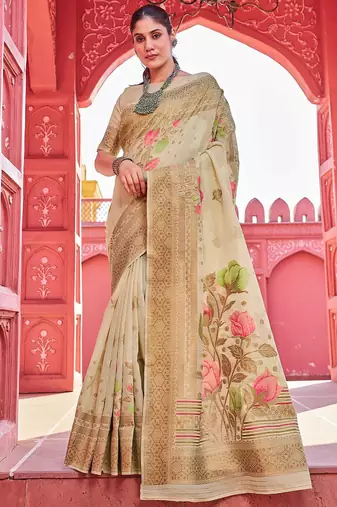 Beige floral woven design zari saree