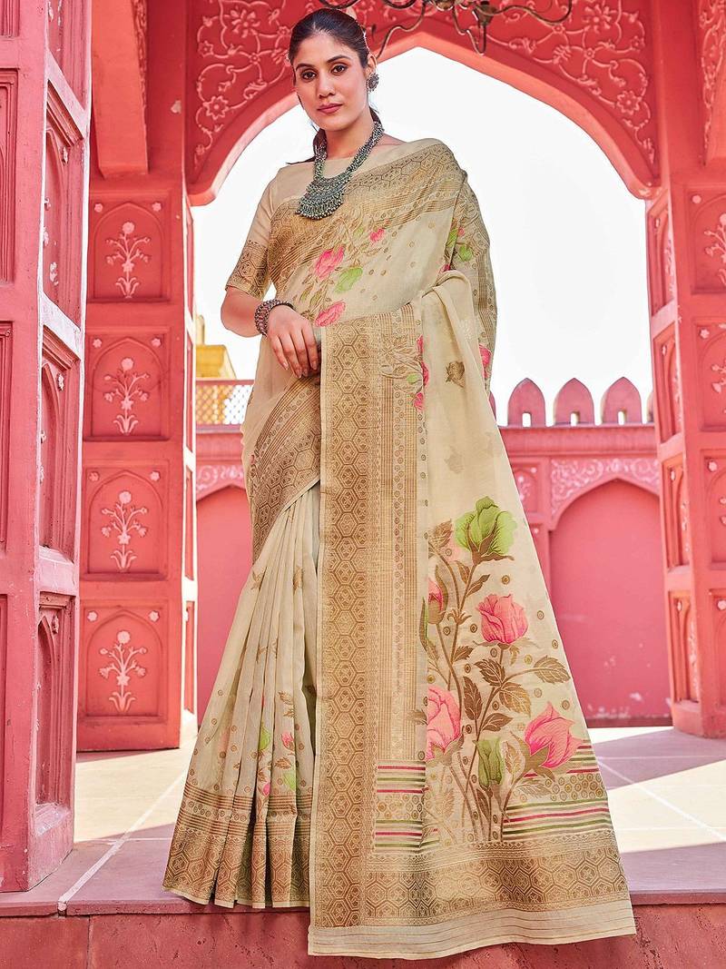 Beige floral woven design zari saree